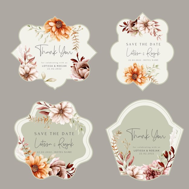 Watercolor autumn flower and leaves label collection