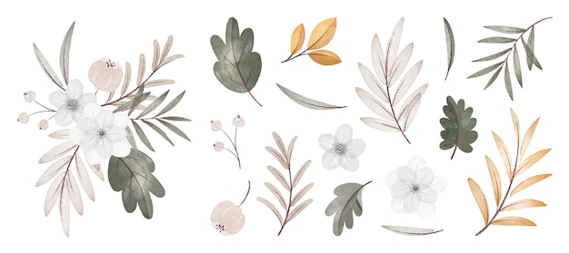 Бесплатное векторное изображение Коллекция акварельных осенних цветов и листьев с букетом