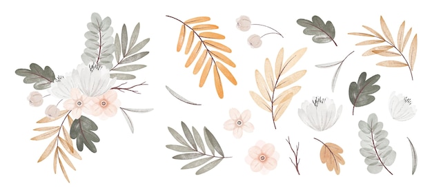 Free vector watercolor autumn flowers and leaves collection with bouquet