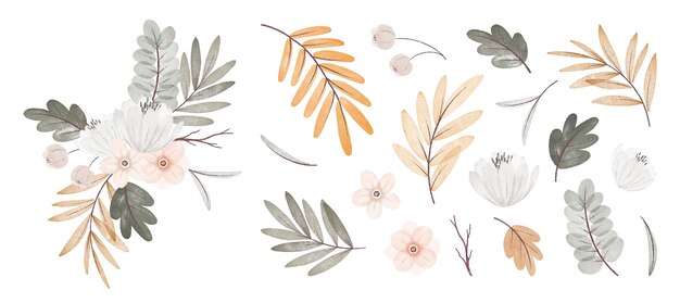 Watercolor autumn flowers and leaves collection with bouquet