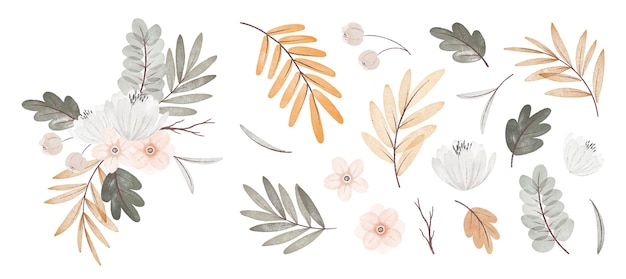 Watercolor autumn flowers and leaves collection with bouquet