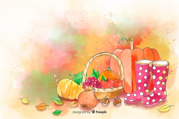 Watercolor autumn and food and leaves background