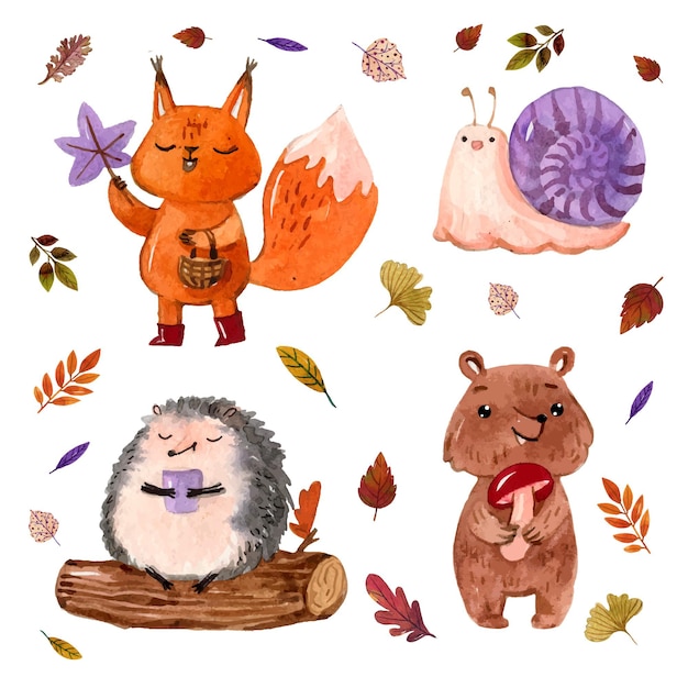 Free vector watercolor autumn forest animals