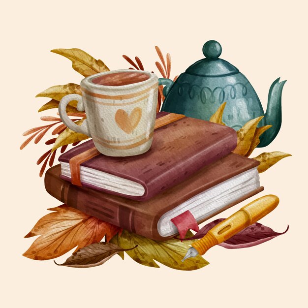 Watercolor autumn illustration with book and mug