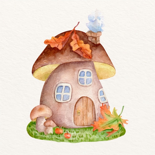 Watercolor autumn illustration with mushroom house