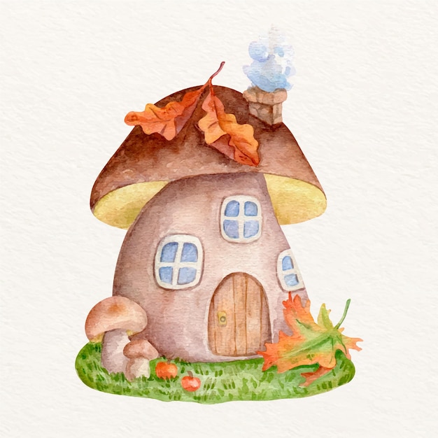 Акварельная осенняя иллюстрация с грибным домиком