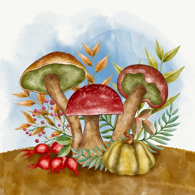 Watercolor autumn illustration with mushrooms