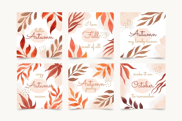 Free vector watercolor autumn instagram posts collection