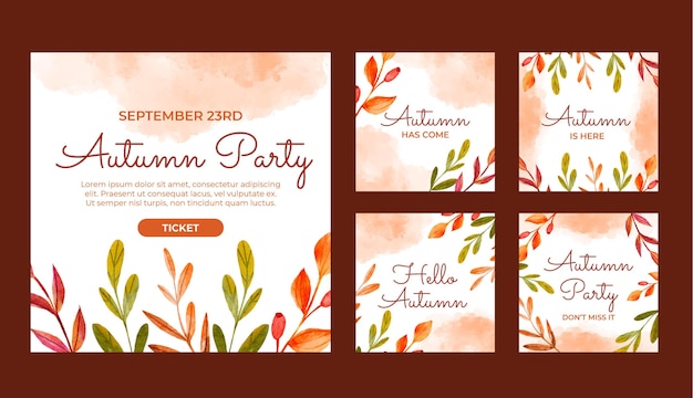 Free vector watercolor autumn instagram posts collection