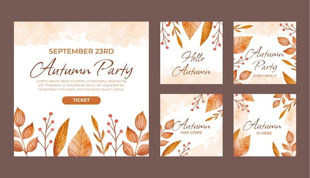 Free vector watercolor autumn instagram posts collection