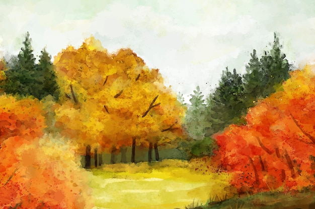 Watercolor autumn landscape with trees