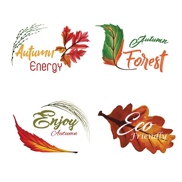 Акварельная коллекция осенних логотипов с желтыми, оранжевыми и зелеными листьями