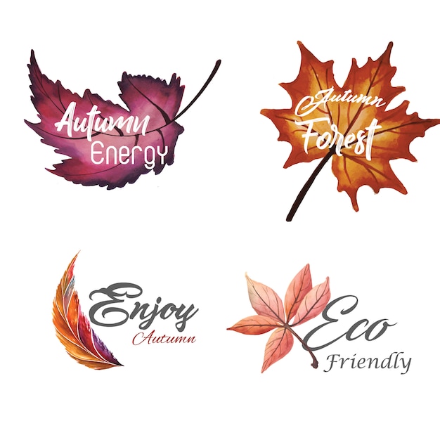 Watercolor Autumn Logo Collection with Yellow, Orange and Green Leaves