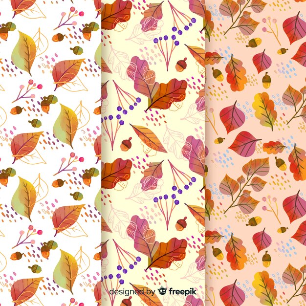 Watercolor autumn pattern collection with leaves