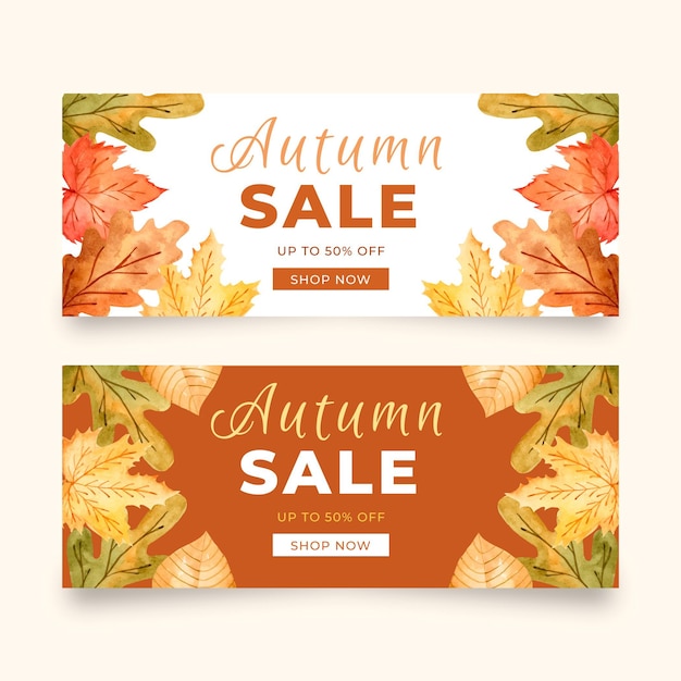 Free vector watercolor autumn sale horizontal banners set