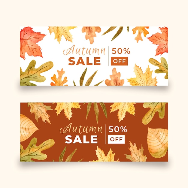 Free vector watercolor autumn sale horizontal banners set