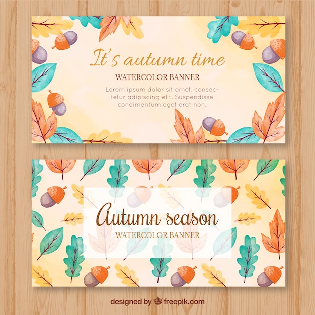 Watercolor autumnal banners with colorful leaves and acorns