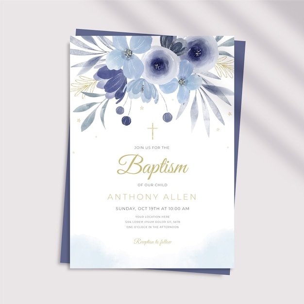 Watercolor baby boy baptism family invitation template
