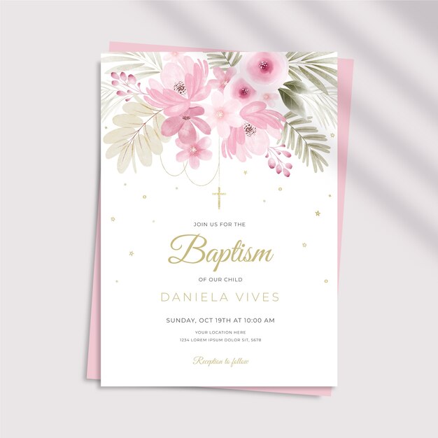 Watercolor baby girl baptism family invitation template