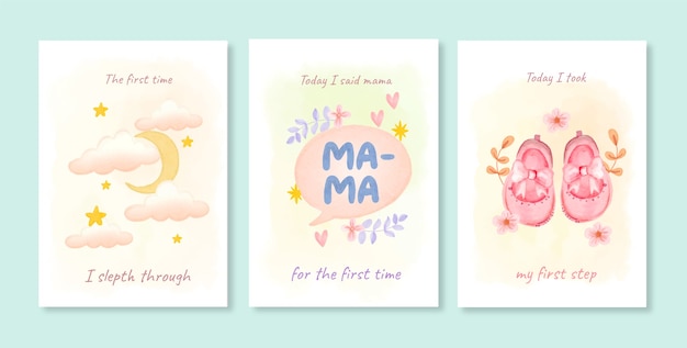 Free vector watercolor baby milestone cards