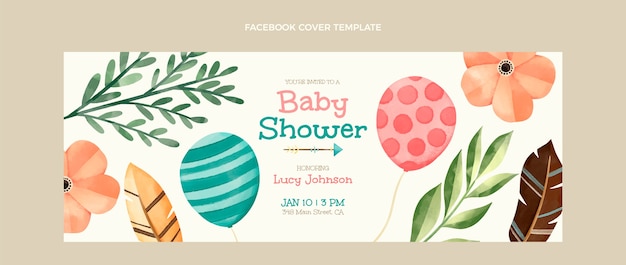 Watercolor baby shower facebook cover design template