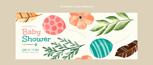 Watercolor baby shower facebook cover design template