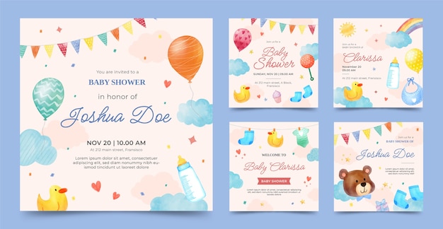 Free vector watercolor baby shower instagram posts