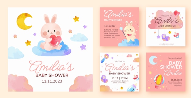 Free vector watercolor baby shower instagram posts