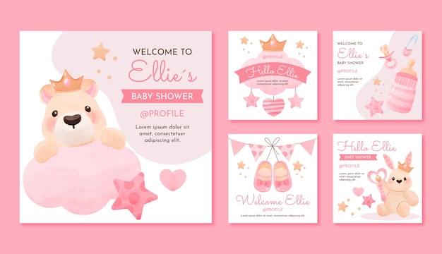 Free vector watercolor baby shower instagram posts