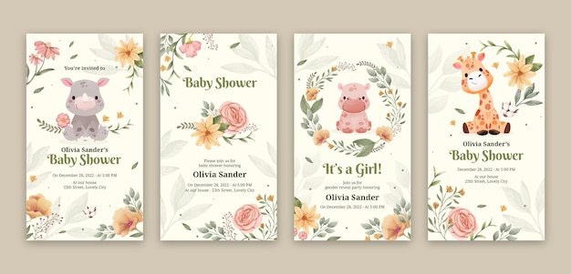 Free vector watercolor baby shower instagram stories