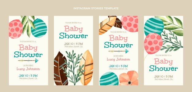 Watercolor baby shower instagram storiesdesign template