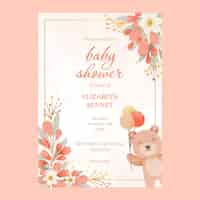 Free vector watercolor baby shower invitation with cute bear