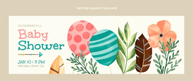 Watercolor baby shower  twitter header design template