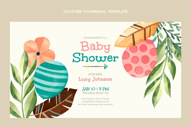 Free vector watercolor baby shower youtube thumbnail design template