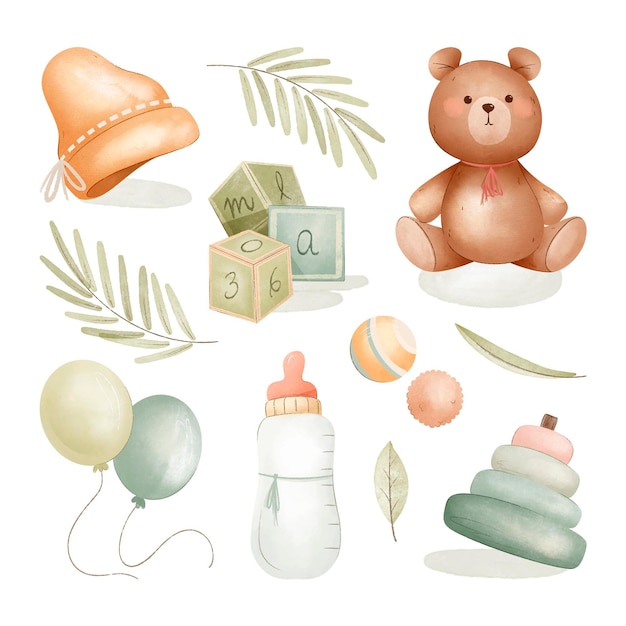 Free vector watercolor baby stuff collection