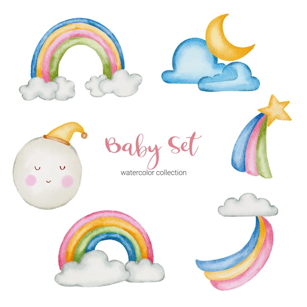 Free vector watercolor baby toy and accessories illustration. baby stuffs set of nature