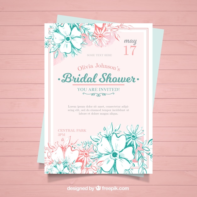 Watercolor bachelorette invitation with pink and blue flowers