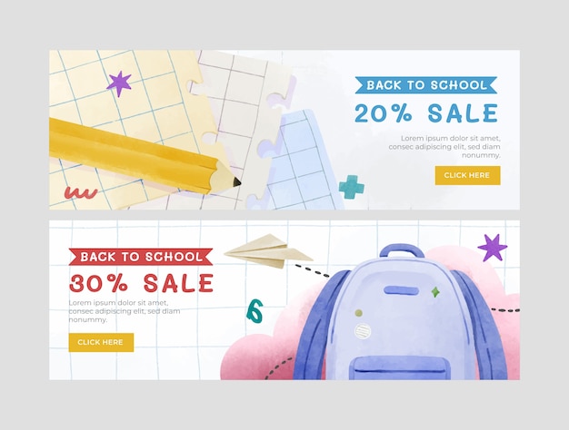 Free vector watercolor back to school horizontal sale banners set