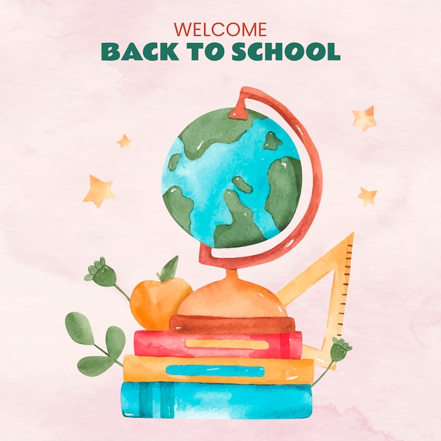 Free vector watercolor back to school illustration with globe and books