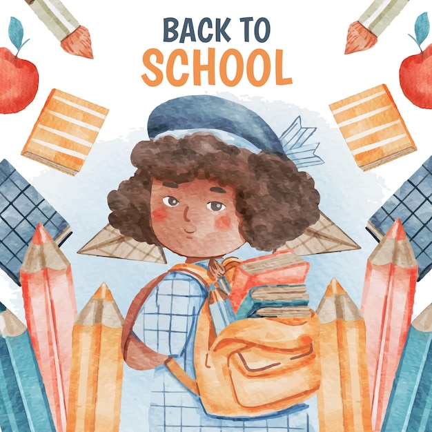 Free vector watercolor back to school illustration with student and supplies