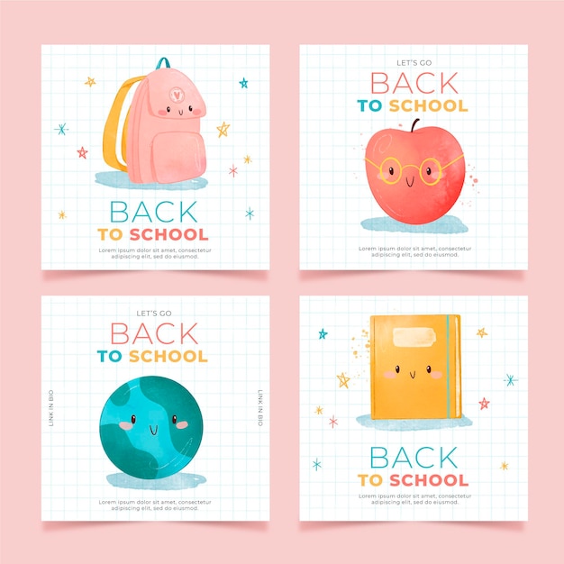 Watercolor back to school instagram posts collection