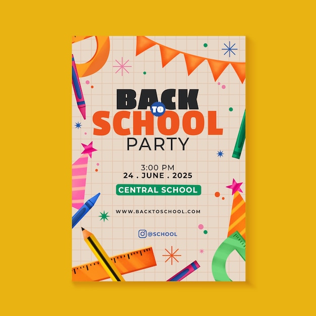 Back to School Party Poster Template with Bunting and School Supplies Free Vector Download