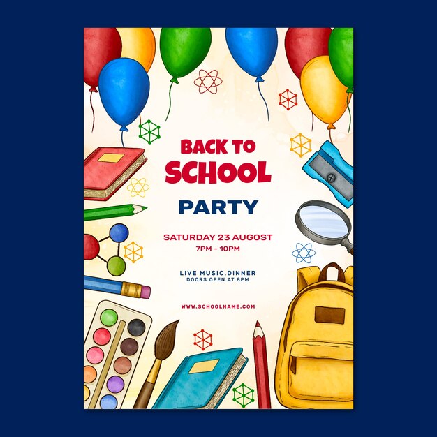 Watercolor back to school party poster template with supplies and balloons