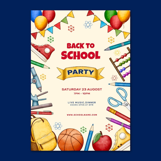 Free vector watercolor back to school party poster template with supplies and balloons