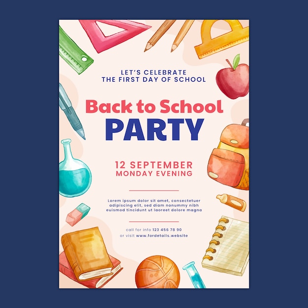 Free vector watercolor back to school party poster template with supplies