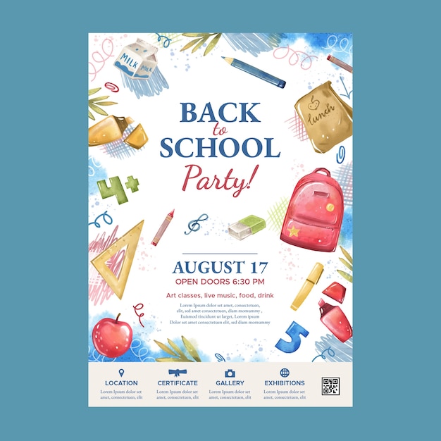 Free vector watercolor back to school party poster template