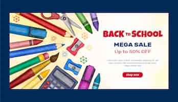 Free vector watercolor back to school sale horizontal banner template with supplies