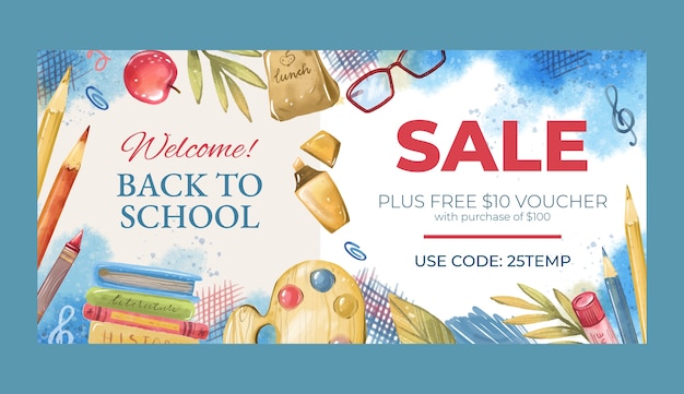 Free vector watercolor back to school sale horizontal banner template with supplies