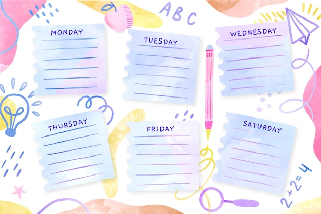 Watercolor back to school timetable template