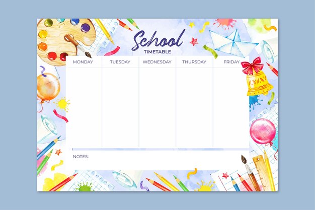 Watercolor back to school timetable template